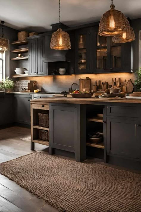 moody farmhouse kitchen dark with wicker rug Moody Kitchen Aesthetic, Dark Country Kitchen, Earthy Moody Home Aesthetic, Dark Rustic Kitchen Cabinets, Dark Kitchen Inspiration, Western Gothic Kitchen, Black Kitchen Cabinets Farmhouse, Moody Vintage Home, Moody Farmhouse Kitchen