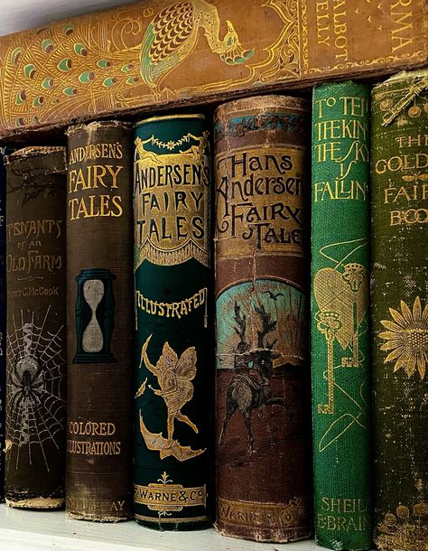 Glorious decorative vintage book spines. The best of antique books with stories about authors, collectors, magical things. Old Book Collection, Classic Fairytale Books, Old Fairytale Books, Fairy Book Aesthetic, Fairytale Book Aesthetic, Fairytale Book Cover, Old Books Aesthetic, Fantasy Childhood, Fairy Tales Aesthetic