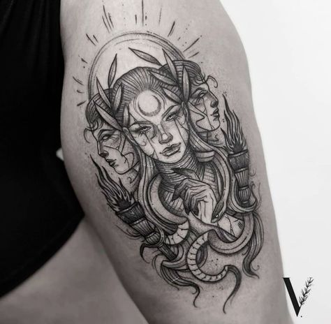 Grecian Tattoo, Greek Goddess Tattoos, Hecate Goddess Tattoo Design, Siren Tattoo Goddesses, Hecate Tattoo, Greek Goddess Tattoo, Upper Leg Tattoos, Witchcraft Tattoos, 2024 Tattoo