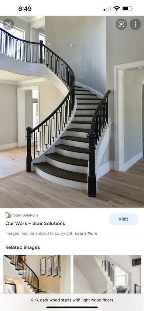 Dark Wood Stairs With Light Floors, Dark Stair Treads Light Floors, Light Floors Dark Stairs, Dark Stairs Light Floors, Black And White Stairs Painted, Townhouse Flooring, Vinyl Plank Flooring Stairs, Dark Wood Staircase, Dark Vinyl Plank Flooring