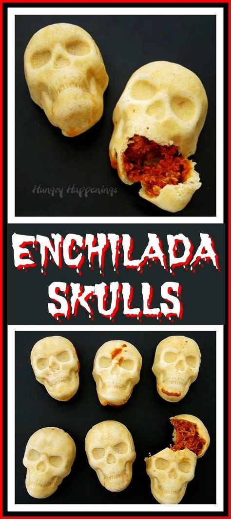 Bake up homemade tortillas filled with chicken, cheese, and enchilada sauce in a 3D pan to create these creepy Enchilada Skulls. Your Halloween party guests or Day of the Dead dinner guests will be amazed. Stuffed Skull Recipes, Skull Recipes, Day Of The Dead Dinner, Coco Party, Kids Treats, Party Bites, Food Halloween, Halloween Foods, Festive Dinner