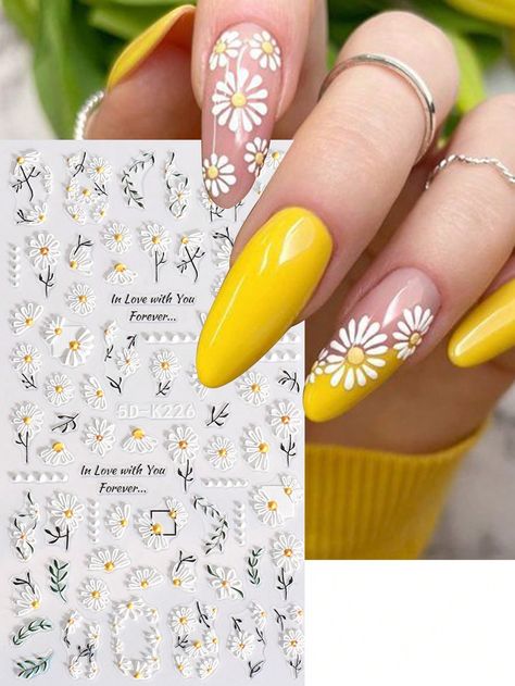 1pc 5D Daisy Flower Nail Sticker Decal Simple White Flowers Summer Design Acrylic 5D Embossed Adhesive Sliders Manicure Decoration Nail Stickers DIYI discovered amazing products on SHEIN.com, come check them out! Nail Stickers Designs, Animal Geometric, Nail Stickers Decals, Daisy Nails, Flower Nail, Sticker Designs, Flowers Summer, Nail Sticker, Pedicure Nail Art