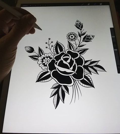 Drawing a big Blackwork floral  . . . . . . . . . . . . . . . #black #newhaven #tattoo #rose #floral #blackwork #traditional #flower #drawing #traditionaltattoo Blackwork Floral, Traditional Tattoo Flowers, Rose Tattoo Sleeve, Neotraditional Tattoo, Rose Tattoos For Men, Black Rose Tattoos, Tattoo Rose, Tattoos Geometric, Initial Tattoo