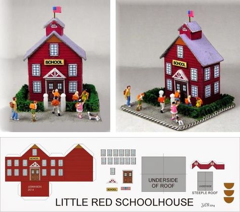 Miniature School Printables, School Diorama, Paper Models House, Red School House, Paper Buildings, Miniature School, Coffee Shop Signs, Model School, Christmas Houses