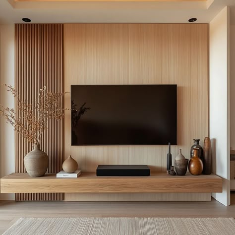 Tv Space Living Room, Simple Modern Living Room Design, Tv Wall Panel Modern, Minimalist Tv Unit Design Living Rooms, Unsymmetrical Tv Wall, Tv Unit Design Ideas Living Rooms, Back Tv Wall Decor, Living Room Tv Wall Minimalist, Wall Decor With Tv On Wall