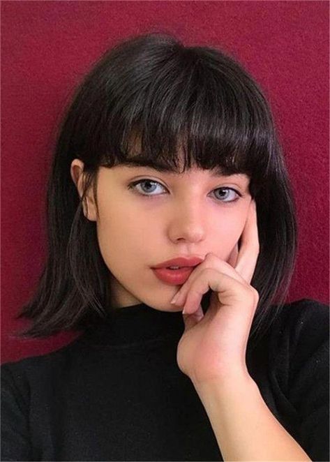 Short Bob Hair Type Straight Human Hair With Bangs Women Wig 14 Inches #shortstraighthair #shorthaircuts Different Hair Styles, Short Dark Hair, Different Hair, Short Straight Hair, Hair Styles 2017, Fringe Hairstyles, Short Haircut, Short Hair With Bangs, Straight Human Hair