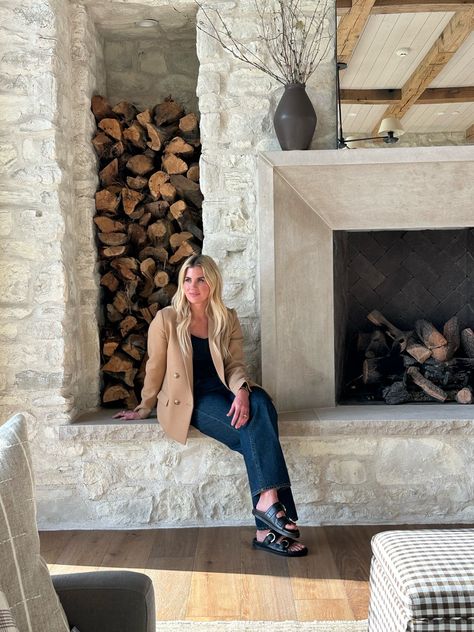 Mcgee Fireplace, Studio Mcgee Fireplace, White Stone Fireplaces, Shea Mcgee, Cabin Retreat, Fireplace Designs, Farmhouse Fireplace, Linen Shift Dress, Hearth Room