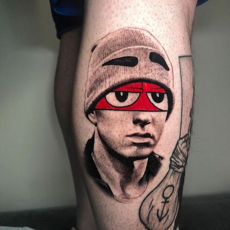 The French Tattoo Artist Produces Fantastic Tattoos In The Mixture Of 2 Styles Mat Rule Tattoo, Eminem Tattoo Ideas, Eminem Tattoo, Ems Tattoos, Fan Tattoo, Clever Tattoos, Incredible Tattoos, Leg Sleeve, Cartoon Tattoos