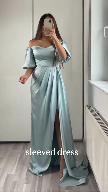 Bridesmaids Gowns With Sleeves, Sleeved Prom Dresses, Sleeves Bridesmaid Dresses, Dress For Chubby, Bridesmaids Gowns, Bridesmaid Dresses Satin, Dress Couture, Bridesmaid Dresses With Sleeves, Senior Prom Dresses