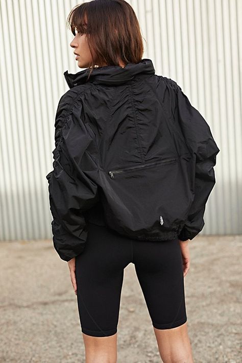 Speed up or slow down in this so cool packable jacket featuring bold ruched sleeves, an adjustable drawstring waistband and a hooded neckline. * Lightweight style * Packs into back zipper pocket * Slightly cropped length | Ruched Out Packable Jacket by FP Movement at Free People, Black, XS Black Athleisure Outfits, Fabric Photography, Summer Hiking Outfit, Ankle Dress, Packable Jacket, Free People Jacket, Hiking Shirts, Fp Movement, Jacket Brands