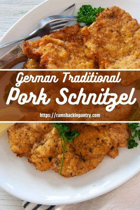 Authentic Schnitzel Recipe, German Snitzel Recipe Germany, Best Pork Schnitzel Recipe, Pork Schnitzel Recipes, German Style Pork Chops, Pork Tenderloin Schnitzel Recipe, Yager Schnitzel Recipe, Pork Schnitzel Recipe Air Fryer, Fried Pork Cutlet Recipes