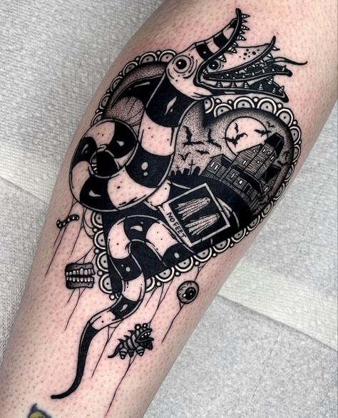 Beetlejuice Sleeve Tattoo, Sandworm Tattoo Beetlejuice, Beetlejuice Tattoo Design, Sand Worm Tattoo, Angelo Parente Tattoos, Beetle Juice Tattoo Ideas, Beetlegeuse Tattoo, Bettle Juice Tattoos, Beetlejuice Snake Tattoo