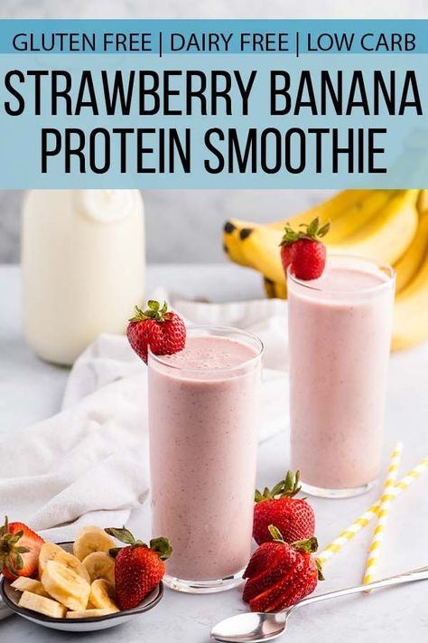 Strawberry banana protein smoothies make a perfect snack or on-the-go breakfast! Made with beef protein powder, this smoothie is paleo, gluten free, low carb, and keto. Strawberry Banana Protein Shake, Strawberry Banana Protein Smoothie, Strawberry Protein Smoothie, Chocolate Strawberry Smoothie, Banana Protein Shake, Protein Powder Smoothie, Banana Protein Smoothie, Smoothie Recipes Strawberry, Strawberry Protein