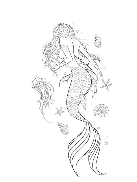 Mermaid Tattoo Sketch, Mermaid Stencil Tattoo, Mermaid Sketch Simple, Mermaid Outline Drawing, Mermaid Tattoo Designs Sketches, Mermaid Tattoo Drawing, Fine Line Mermaid Tattoo, Mermaid Tattoo Ideas For Women, Mermaid Line Art