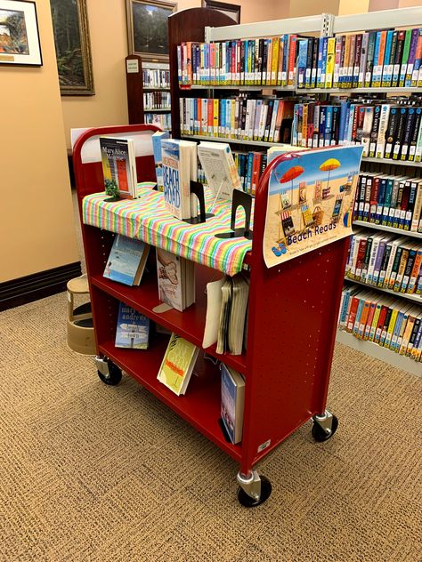 Decorated Library Book Carts, Red Library, Branch Ideas, Library Cart, Church Library, Book Carts, Library Resources, Beach Reads, Book Cart