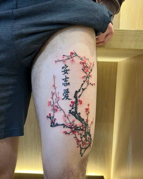 Cherry Blossom Tattoo Men, Cherry Blossom Tattoo Ideas, Men Flower Tattoo, Cherry Blossom Tree Tattoo, Tattoo Perna, Tree Tattoo Men, Japanese Tattoos For Men, Blossom Tree Tattoo, Sakura Tattoo