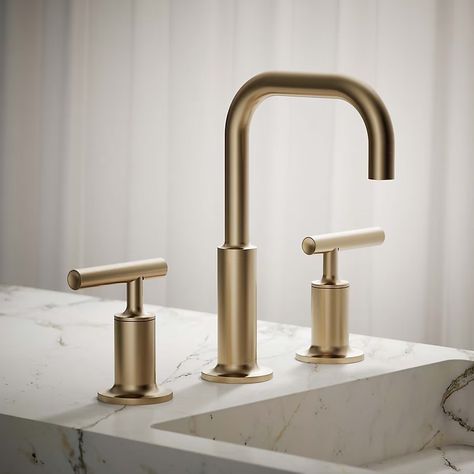 KOHLER Purist Vibrant Brushed Bronze Widespread 2-Handle WaterSense Bathroom Sink Faucet with Drain 14406-4-BV at Lowes.com Kohler Bathroom Faucets, Brass Bathroom Fixtures Modern, Pewter Bathroom Fixtures, Kohler Vibrant Brushed Bronze, Kohler Bathroom Fixtures, Aged Bronze Bathroom Fixtures, Kohler Purist Bathroom Faucet, Kohler Purist Shower System, Bathroom Fixtures And Finishes Ideas