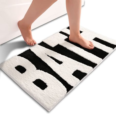 Black and White Bathroom Rugs, Bath Letters Non Slip Bathroom Mat, Soft Absorbent Cute Bath Mat, Machine Washable Quickly Dry Comfortable Bathmat for Bathtub, Bedroom, Shower, Living Room, Toilet White Bathroom Rugs, Neutral Kids Bathroom, Black And White Bathroom Rug, Small En Suite, Bedroom Office Design, Unique Bath Mats, White Bathroom Rug, Cute Bathroom Ideas, Apartment Mood Board