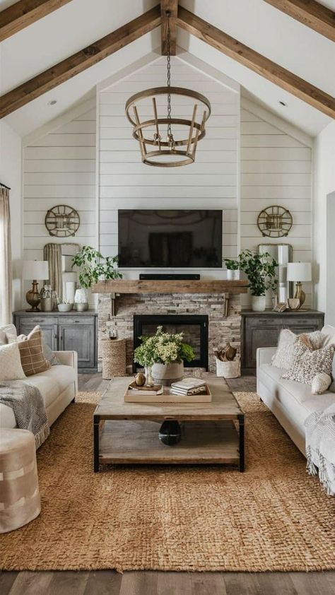 Boho Inspired Living Room Home Decor, Oak Furniture Living Room Decor, Lake House Living Room Ideas Cozy, Modern Organic Farmhouse Living Room, Wood Aesthetic Living Room, Great Room Inspiration, Cottage Living Room Aesthetic, Farmhouse Aesthetic Living Room, Home Decor Ideas Living Room Farmhouse