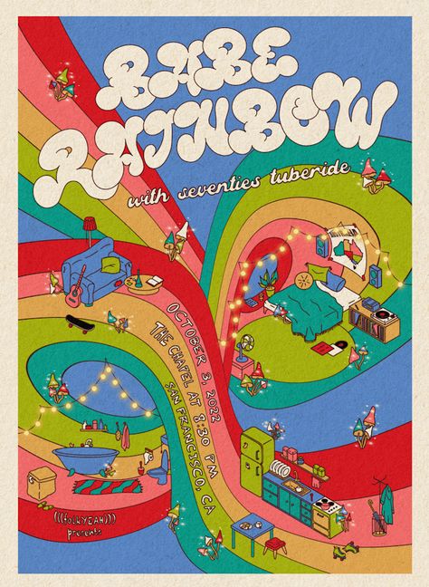 Babe rainbow, music poster, gig poster, retro poster, concert poster, psychedelic poster, psychedelic art, rainbow poster, illustrated poster, digital art, isometric art, isometric poster, isometric room, vintage vibes, vintage poster Psychadelic Posters Design, Babe Rainbow, Isometric Room, Frutiger Metro, Rainbow Poster, Room Illustration, Rainbow Music, Illustrated Poster, Superflat