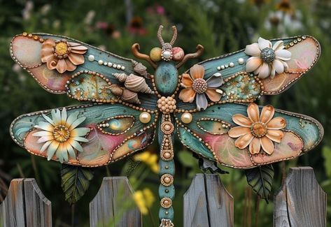 DIY Dragonfly Yard Art: Transform Old Fan Blades into Whimsical Garden Decor Dragonfly From Fan Blades, Dragon Fly Ceiling Fan Blades Yard Art, Ceiling Fan Dragonfly Diy, Garden Art Diy Whimsical, Ceiling Fan Blade Crafts, Fan Blade Dragonfly, Painted Fan Blades, Diy Dragonfly, Dragonfly Sculpture