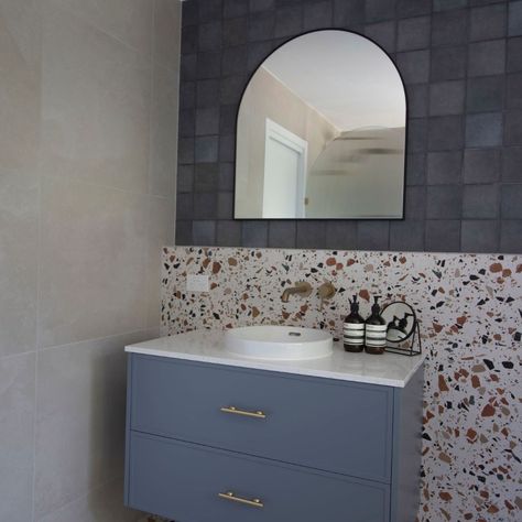 Denim + terrazzo - is that a classic cool pairing for a mid-century modern bathroom? We think so. A wall was removed, picture window installed, and entry door relocated. This gave us more room for a full bath. Terrazzo on the floor and half wall with denim tiles on top. Nib wall. Walk-in shower. Ribbed shower screen. 70's cool with a modern vibe. Photography @claudineburgess Interior design + custom joinery @plushdesigninteriors Design documentation @plushdesignrenovations Demolition and bui... Design Documentation, Mid Century Modern Bathroom, Picture Window, Picture Windows, Entry Door, Shower Screen, Window Installation, House Decoration, Modern Vibe