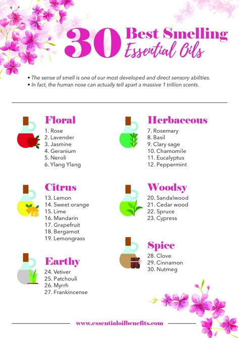 The Ultimate List of 30 Best Smelling Essential Oils! Essential Oil Benefits Best Smelling Essential Oils, Essential Oil Perfumes Recipes, Homemade Perfume, Perfume Recipes, Diy Perfume, Essential Oil Diffuser Recipes, Oil Diffuser Recipes, Essential Oil Blends Recipes, Essential Oil Benefits