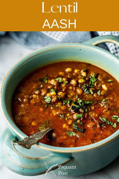 Cozy up by the fireplace with a warm bowl of Lentil Aash. Aash can be described as the ultimate Persian comfort food due to its hearty nature and rich flavor. Aash Persian Soup, Persian Style Tomato And Lentil Soup, Persian Lentil Soup, Persian Lentils, Persian Food Recipes, Tomato Lentil Soup, Unique Ingredients, Wheat Free Recipes, Lentil Stew