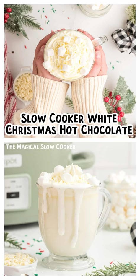 Slow Cooker White Christmas Hot Chocolate is the perfect hot cocoa to serve at a holiday party or enjoy with the kids all winter season long. Made with just four ingredients, this delicious drink is so easy to make, even your kids can do it! Slow Cooker White Christmas Hot Chocolate, Crockpot Drinks, White Hot Chocolate Recipe, Magical Slow Cooker, Crockpot Hot Chocolate, Christmas Hot Cocoa, Hot Drinks Recipes, The Magical Slow Cooker, Hot Cocoa Recipe