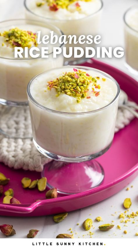 This Authentic Lebanese Rice Pudding recipe is creamy, rich, and aromatic. It's flavored with rose water, and topped with crushed pistachios. Rose Water Rice Pudding, Pistachio Rice Pudding, Rose Water Recipes, Lebanese Rice Pudding, Rose Water Recipe Food, Authentic Lebanese Recipes, Arabic Rice Recipes, Lebanese Recipes Authentic, Lebanese Rice Recipe