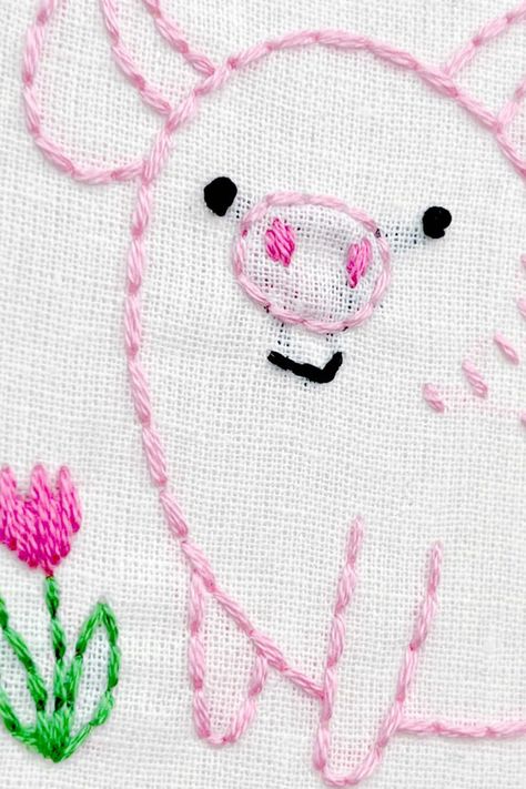 Oink! Oink! It's time for some fun on the farm with this cute little piglet embroidery pattern. Stitch it up as an embellishment or frame it in a 4-inch hoop. Get the perfect gift for a friend. An exclusive Penguin & Fish design, part of the Farm Animals collection. Check out all of the gift-ready embroidery kits and supplies at penguinandfish.com Pig Embroidery, Fun On The Farm, French Knot Stitch, Holiday Embroidery, Learning To Embroider, Lazy Daisy Stitch, Diy Embroidery Designs, Embroidery Template, Basic Embroidery Stitches