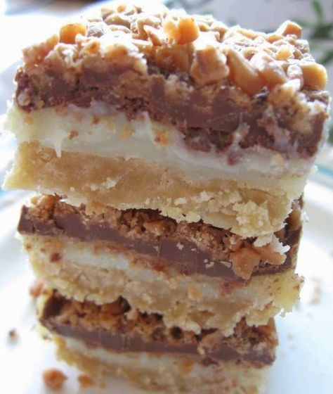 Take 5 Bars Recipes, Layered Bars Recipe, Take Five Bars Recipes, Best 9 Layer Cookie Bars, Large Crowd Desserts, Potluck Desserts Crowd Pleasers, 13x9 Desserts, Toffee Chocolate Bars, Cafe Treats