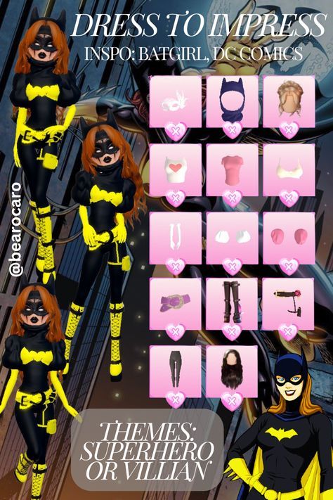 "#hanudolls #outfit #roblox
#robloxdresstoimpress #robloxdti #robloxfashion
#dresstoimpress #dti #outfitideas #dtioutfits #dresstoimpressoutfits #robloxmakeup #robloxdtimakeup #dtimakeup
#dresstoimpressideas" Superhero Dress To Impress, Superhero Or Villain Dress To Impress, Villain Dress To Impress, Batgirl Dc Comics, Villain Dresses, Superhero Halloween Costumes, Superhero Dress, Make Outfits, Superhero Halloween