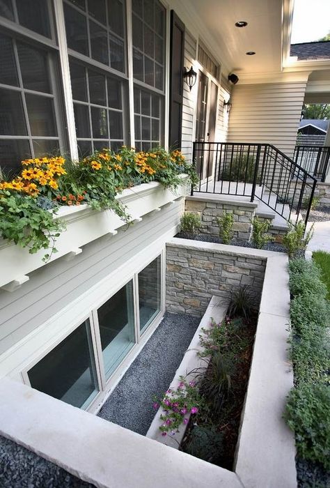 window well ideas egress window wells design landscape ideas house exterior Chalet House Plans, Basement Window Well, Egress Window, Window Well, Basement Windows, Basement Apartment, Waterproofing Basement, Small Basements, Basement Makeover