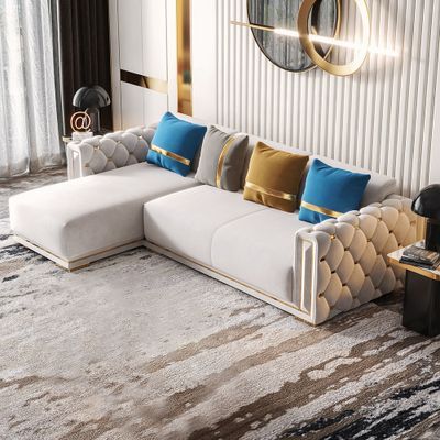 Modern 7-Seat Sofa Round Sectional Beige Velvet Upholstered with Ottoman & Pillows Sofa Design Living Rooms Indian, Sectional Sofa Beige, Trendy Sofas, Beige Sectional, Latest Sofa Designs, Corner Sofa Design, Corner Sectional Sofa, Sectional Sofa With Chaise, Modern Sofa Designs