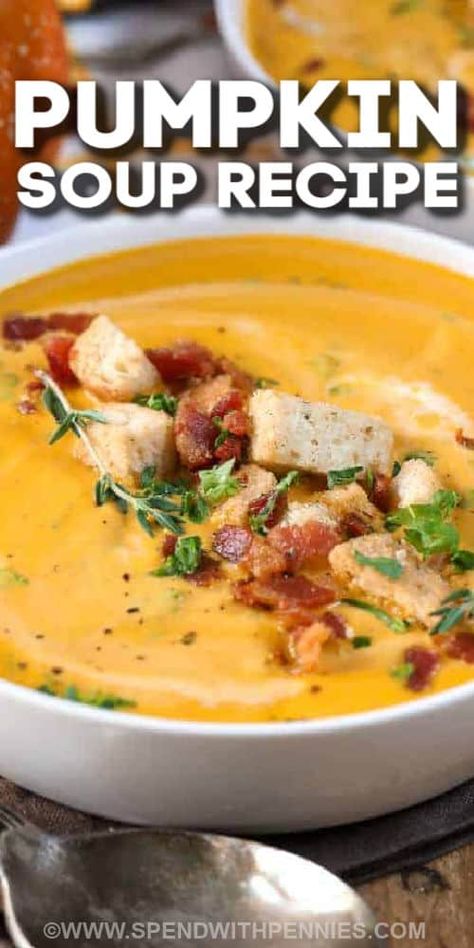 This cozy pumpkin soup is like a bowl of comfort with its creamy and savory sweet flavors, and its garnish of crumbled bacon and croutons on top. Make it with freshly roasted squash from the garden, or use a can of pumpkin puree, either way, this soup turns out delicious. Have it with some breadsticks for dipping and a crispy salad, and dinner is served. #pumpkinsoup #recipeeasy #withcannedpumpkin #spendwithpennies