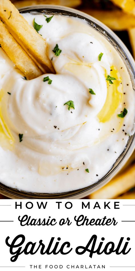 Garlic Aioli Recipe (Classic and Cheater Versions) from The Food Charlatan. I will show you just how easy it is to make homemade Garlic Aioli Sauce! Making it from scratch is quick and easy, but I have a cheater version that is even quicker and easier. Either way you make it, aioli is lemony garlicky heaven! It will be your new favorite condiment in no time. Perfect for fries or veggies. Serve this Garlic Aioli as an appetizer at your next party, on Thanksgiving or Easter, or even on game day! Garlic Butter Aioli, Lemon Garlic Aioli Dipping Sauces, Lemon Aioli Sauce, Lemon Garlic Aioli Recipe, Homemade Aioli Recipe, Aoili Recipe Garlic, How To Make Garlic Aioli Sauce, Easy Aoli Sauce, Homemade Garlic Aioli