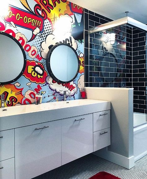 What a fun accent wallpaper in this boy’s bathroom! Designed by @michael_preston_interiors #popart #kidsspaces #boysbathroom #wallpaper… Pop Art Bathroom Ideas, Boys Bathroom Ideas Kid, Room Graffiti, Fun Kids Bathroom, Kids Bathroom Ideas Shared, Superhero Bathroom, Boys Bathroom Decor, Bathroom Wallpaper Ideas, Toilet Ideas