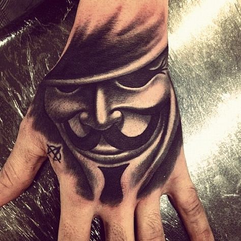 v Dope Hand Tattoos For Guys, Hand Mask Tattoo, Anonymous Tattoo, Vendetta Tattoo, Skull Hand Tattoo, P Tattoo, Trending Tattoos, Tattoo Back, Pretty Hand Tattoos