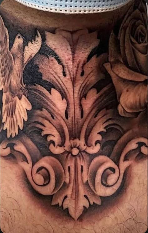 Men’s Stomach Tattoo Ideas, Filigree Neck Tattoo, Throat Tattoo Men Design, Throat Tattoo For Guys, Neck Tattoo For Guys Ideas, Throat Tattoo Men, Dove Neck Tattoo, Neck And Throat Tattoos Men, Dove And Rose Tattoo