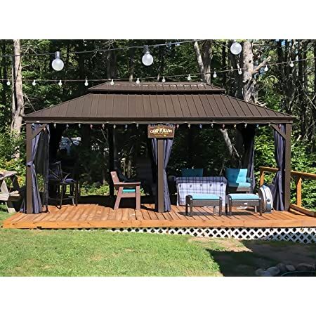 PURPLE LEAF 12' X 20' Hardtop Gazebo Pavilion for Outdoor with Netting and Curtains Deck Backyard Heavy Duty Sunshade Large Metal Patio Permanent Canopy 12x20 Gazebo, Curtain Upgrade, Collect Rainwater, Navy Blue Curtains, Gazebo Ideas, Aluminum Gazebo, Deck Backyard, Backyard Shade, Steel Roof