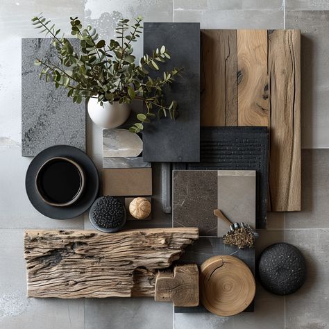 Dark Organic Interior, Commercial Interior Design Mood Board, Black Design Interior, Tropical Interior Moodboard, Black White Tan Interior Design, Modern Natural Interior Design, Green Black Interior Design, Interior Design Palettes, Black And Wood House Interior Design