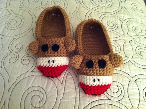 crochet sock monkey slippers                                                                                                                                                     More Crochet Kids Slippers, Crochet Sock Monkey, Monkey Slippers, Sock Monkey Pattern, Crochet Sock Monkeys, Crochet Sock, Crochet Slipper Boots, Crochet Slipper, Crochet Kids