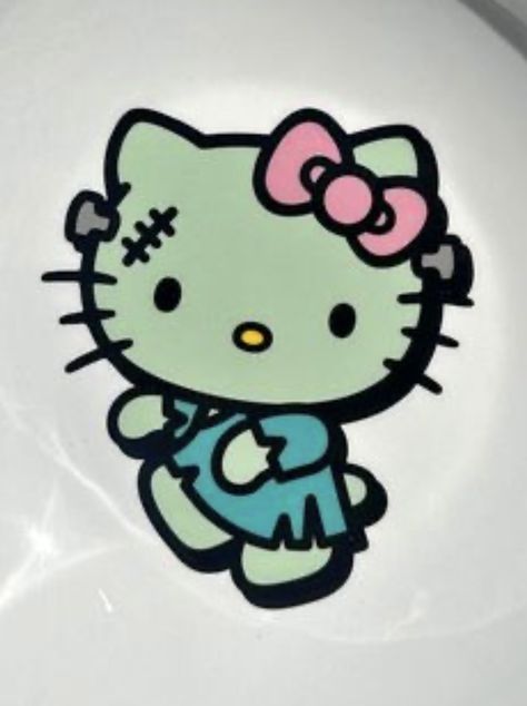 Zombie Hello Kitty Pumpkin, Hello Kitty Frankenstein Pumpkin, Pumpkin Painting Hello Kitty, Ghost Face Hello Kitty, 2000s Stickers Aesthetic, Pumpkin Painting Ideas Hello Kitty, Hello Kitty In Costume, Alien Hello Kitty, Hello Kitty Pumpkin Painting