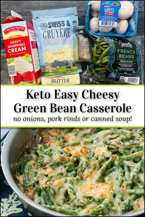 This keto cheesy green bean casserole doesn't have any of the crispy onion topping. It also doesn't use any canned soup yet the creamy mushroom sauce is super flavorful. This is a delicious low carb holiday side dish with fewer carbs. It's easy to make and only has 2.9g net carbs! Green Bean Bake, Keto Green Bean Casserole, Cheesy Green Beans, Bean Bake, Cheesy Green Bean Casserole, Classic Green Bean Casserole, Keto Green, Low Carb Holiday, Canned Soup