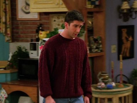 FRIENDS 1995 (S2 E7) "The One Where Ross Finds Out". Friends Ross Outfits, Ross Finds, Friends Outfits, Ross Geller, Friends Season, The One Where, Friend Outfits, Red Sweater, Sims 4 Clothing