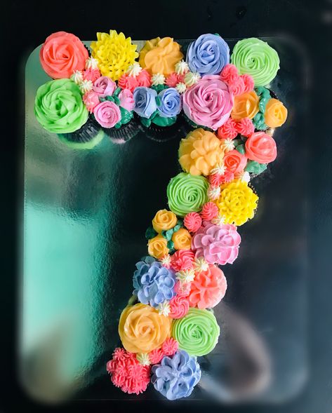 Number Cake #PullApartCupcakes Pull Apart Cake Numbers, Number Seven Cupcake Cake, Girly Pull Apart Cupcake Cake, Cupcake 7 Shape, Cupcakes Shaped Like Numbers, 70 Cupcake Cake 70th Birthday, Cupcake 6 Shape, Number 1 Pull Apart Cupcake Cake, Number 7 Cake Design