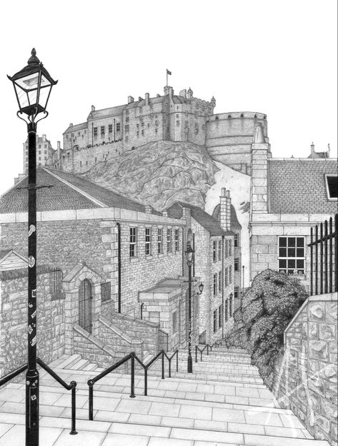 The Vennel, leading down to Grassmarket and great view of Edinburgh Castle Scotland Tattoo, Castle Sketch, Old Town Edinburgh, Latest Drawing, Intro To Art, Castle Tattoo, Castle Drawing, Gothic Castle, Old Mansions