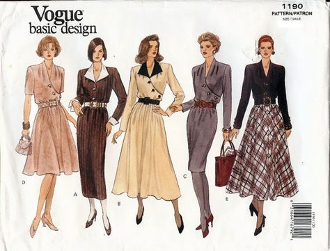 Vogue Basic Design Pattern 1190 Misses Easy dress with cross over buttoned bodice Vogue Sewing, Vogue Sewing Patterns, 1990s Fashion, Vogue Pattern, Miss Dress, 70s Dress, Contrast Collar, Sewing Pattern Design, Vintage Vogue