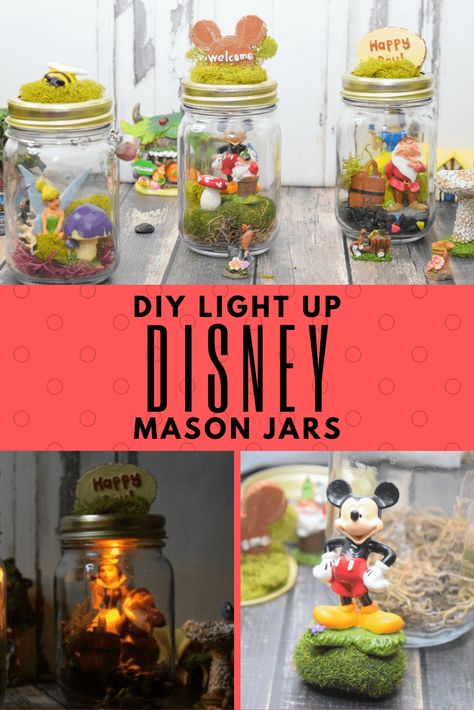 Make a DIY Light Up Disney Mason Jar with your favorite characters for a nightlight for you or the kids with Disney characters. #DIY #craft #kidscrafts #disney Light Up Mason Jars, Disney Bedroom, Flower Bed Decor, Disney Craft, Jar Projects, Deco Disney, Up Disney, Disney Garden, Disney Diy Crafts